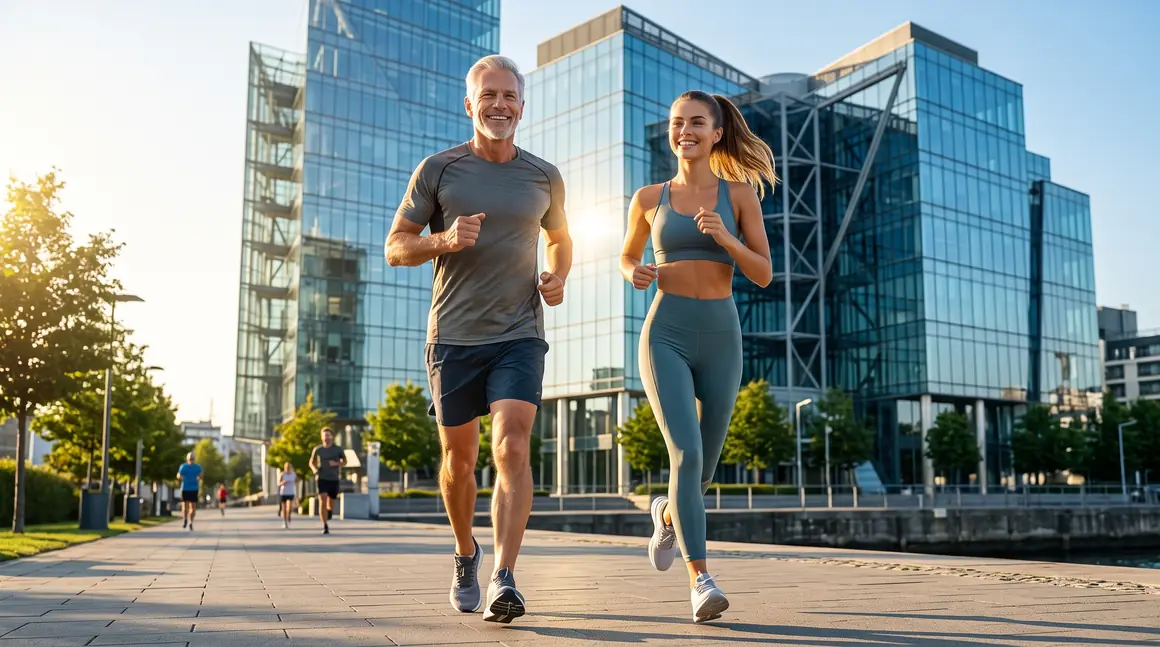 Ein Mann und eine Frau beim Morgenlauf an der Uferpromenade