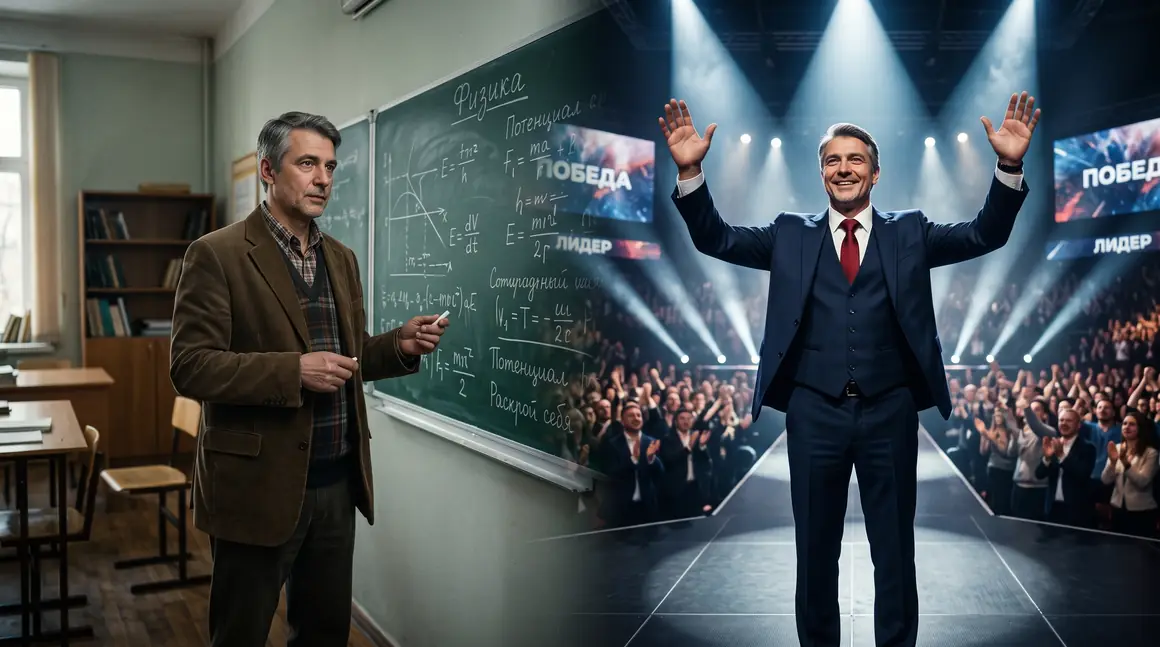 Links ein Klassenzimmer, rechts eine Bühne und ein Saal