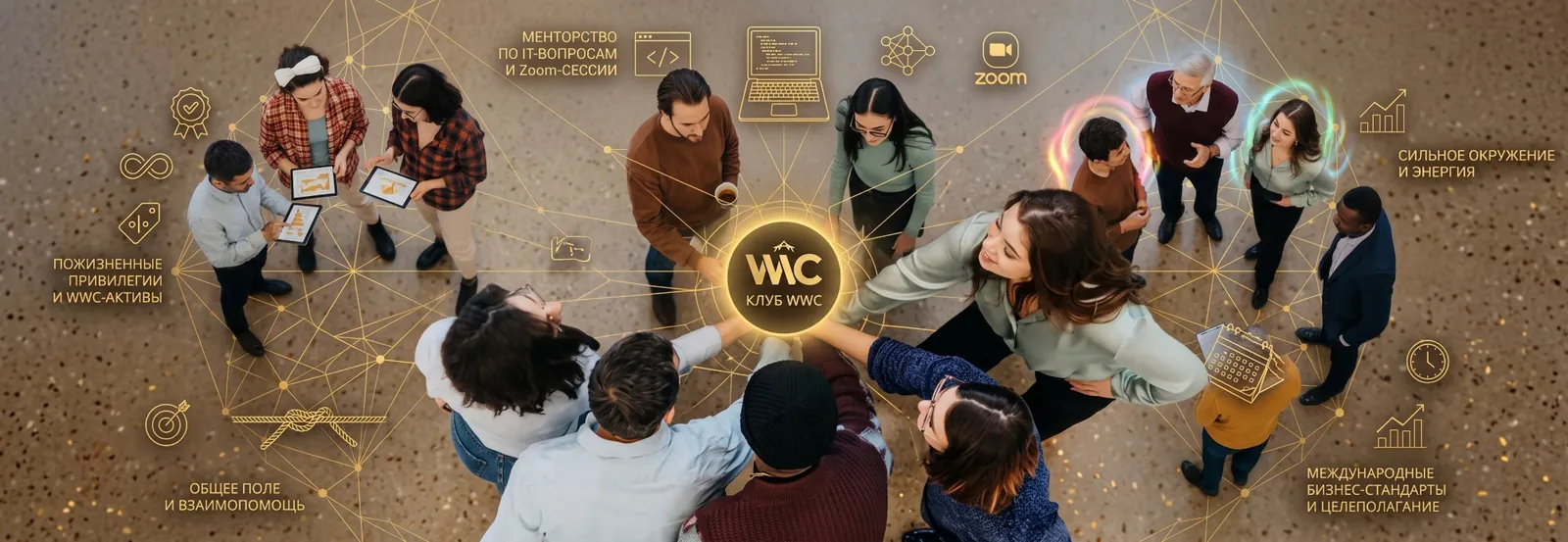 WWC Club: IT-Mentoring und Zoom-Sitzungen, starkes Umfeld und Energie, internationale Business-Standards und Zielsetzung, gemeinsames Feld und gegenseitige Hilfe, lebenslange Privilegien