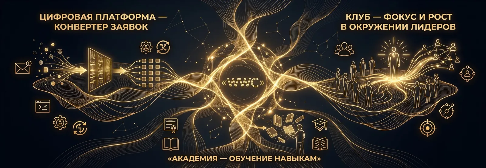 Das WWC-Ökosystem: digitale Plattform — Anfragen-Konverter, Akademie — Kompetenztraining, Club — Fokus und Wachstum im Umfeld von Führungspersönlichkeiten