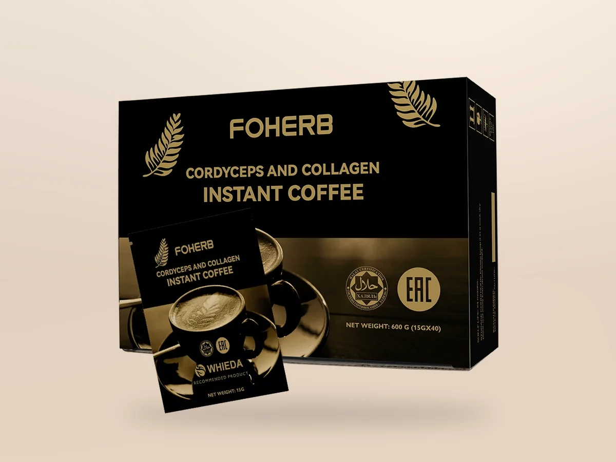 Coffee drink with cordyceps and collagen — on a beige background, photo 1
